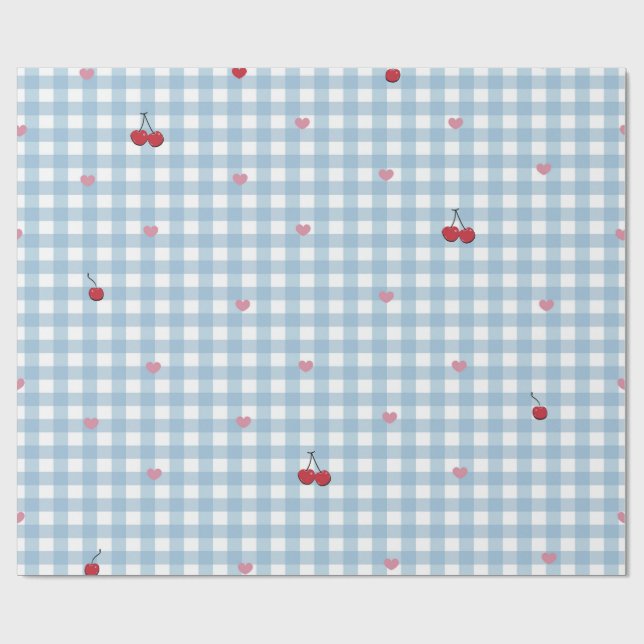 Cherry heart with blue gingham wrapping paper (Flat)