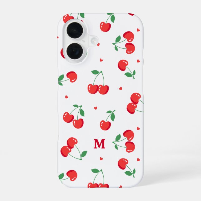 Cherry Hearts Custom Name Monogram iPhone 16 Case (Back)