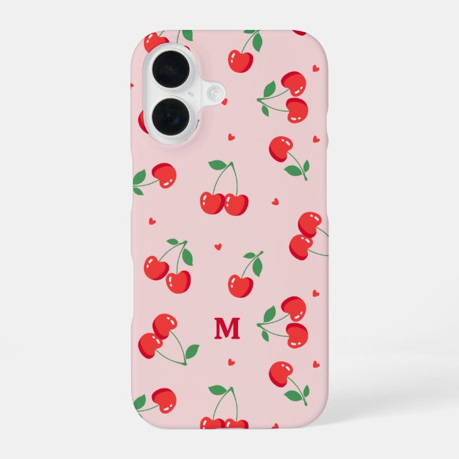 Cherry Hearts Custom Name Monogram iPhone 16 Case (Back)
