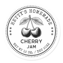 Cherry jam canning sticker in black and white