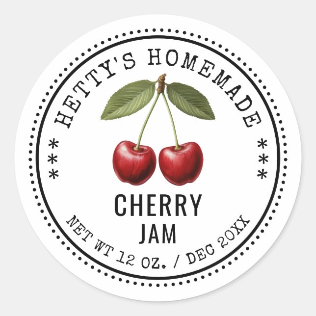 Cherry jam canning sticker with vintage cherries (Front)