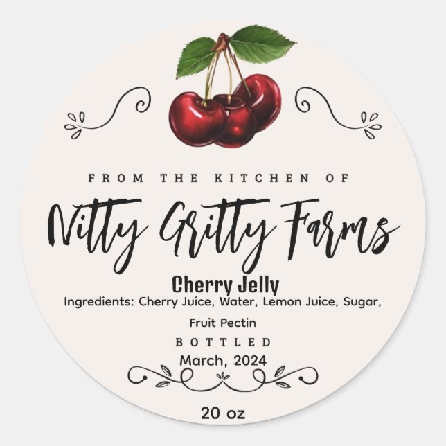 Cherry Jam Jelly preserve Custom Canning Label (Front)