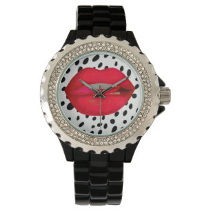 Cherry lips leopard rhinestone wrist watch