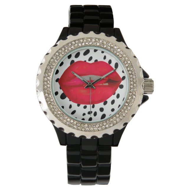 Cherry lips leopard rhinestone wrist watch (Front)
