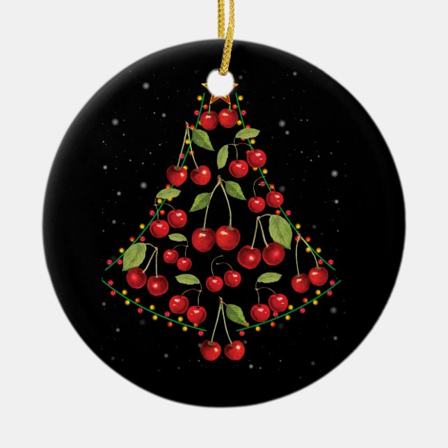 Cherry Lover Christmas Tree Lights Santa Hat Cherr Ceramic Ornament (Front)