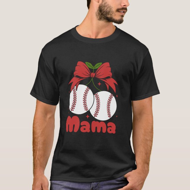 Cherry Mama Coquette Bow Mom Cute Baseball Cherrie T-Shirt (Front)