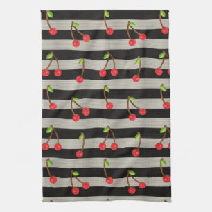 Cherry Modern Black & White Stripes Kitchen Towel