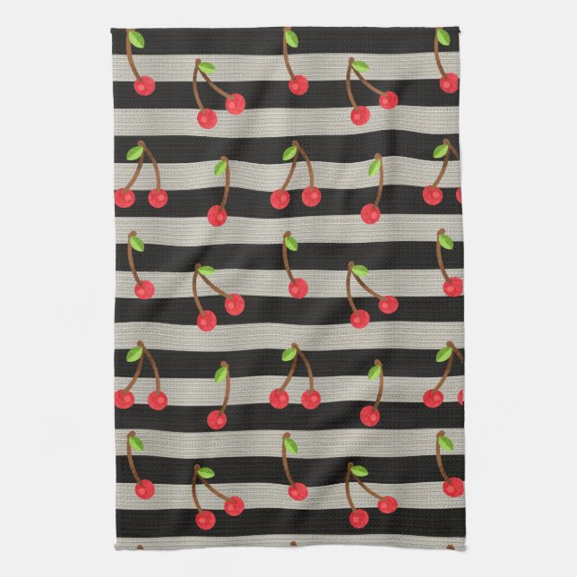 Cherry Modern Black & White Stripes Kitchen Towel (Vertical)
