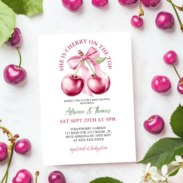 Cherry On The Top Bow Baby Shower Invitation (Creator Uploaded)