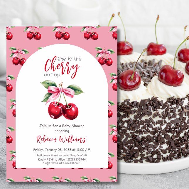 Cherry on Top Arch Pink Bow Girl Baby Shower Invitation (Creator Uploaded)