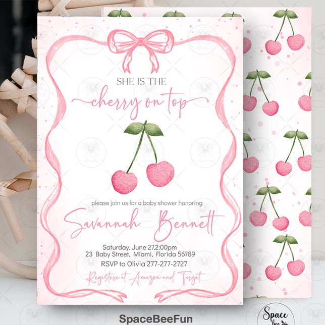 Cherry on top Baby Shower Bow  Invitation (Cherry Baby Shower Invitation, Bow Baby Shower Invite, Baby Girl Shower Invitation, Digital Baby Sho)