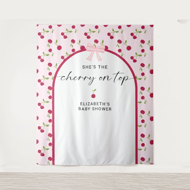 Cherry On Top Baby Shower Coquette Bow Backdrop Tapestry (Front)