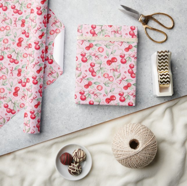 Cherry on Top Baby Shower Gift Wrap with Pink Bows (Crafts)