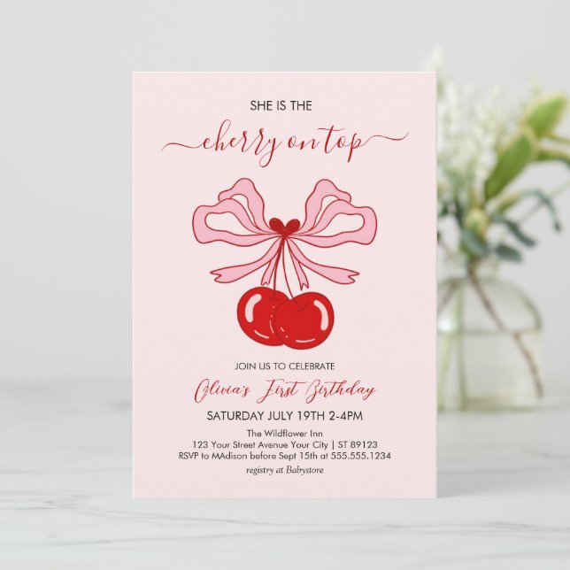 Cherry on Top Birthday Cherries 1st Birthday Invitation (Standing Front)