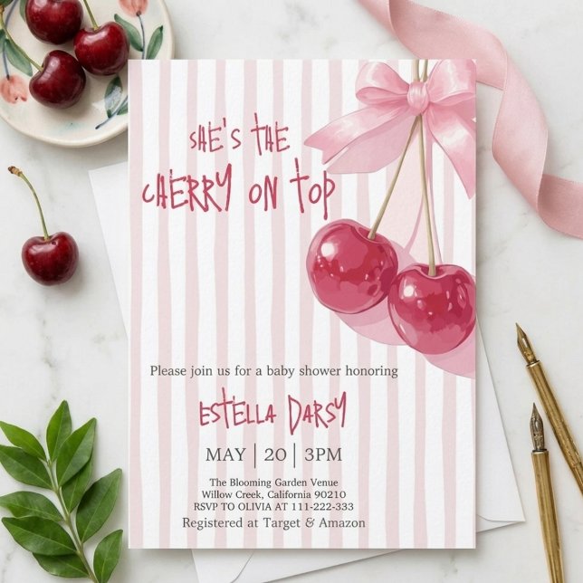 Cherry On Top Bow Cherry Baby Shower Invitation (Creator Uploaded)