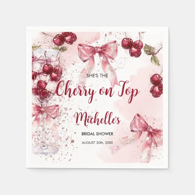 Cherry on Top Bow Cocktail Summer Bridal Shower Napkin (Front)