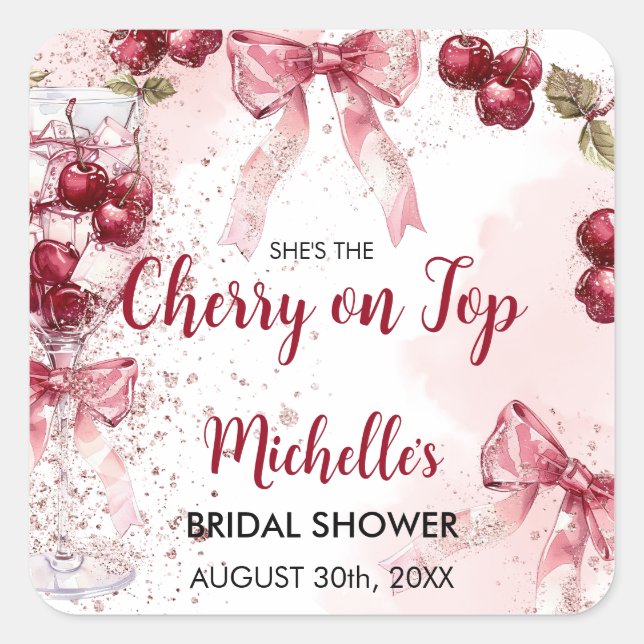 Cherry on Top Bow Cocktail Summer Bridal Shower Square Sticker (Front)