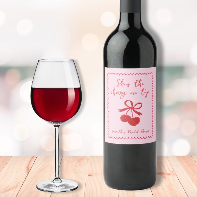 Cherry On Top Bow Hand Drawn Bridal Shower Wine Label (Cherry On Top Bow Hand Drawn Bridal Shower Wine Label)