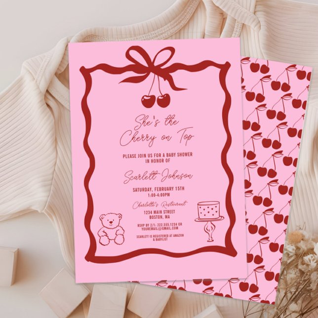 Cherry on Top Bow Pink and Red Baby Shower Invitation (She's the Cherry on Top Baby Shower Invitation, It's a Girl, Pink and Red, Hand Drawn, Bow, Chic)