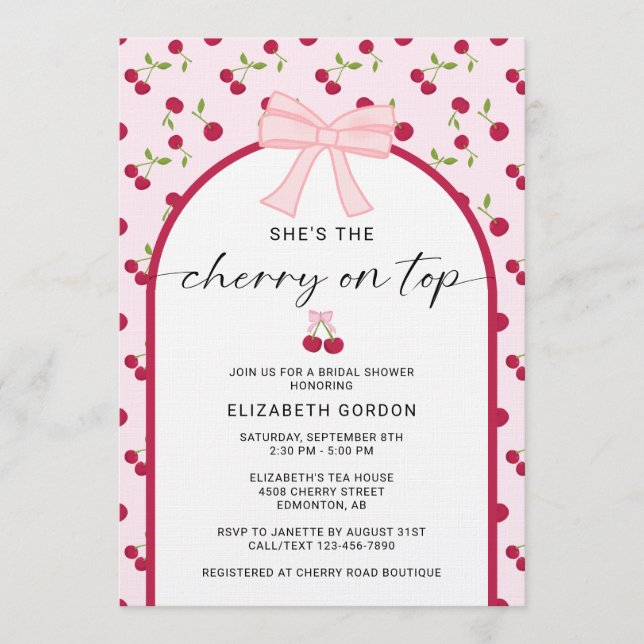 Cherry On Top Bridal Shower Coquette Bow Invitation (Front)