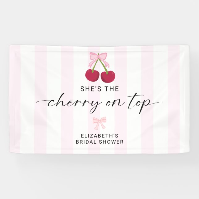 Cherry On Top Bridal Shower Coquette Bow Stripes Banner (Horizontal)