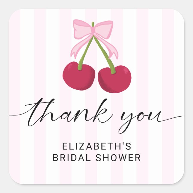 Cherry On Top Bridal Shower Coquette Bow Stripes Square Sticker (Front)