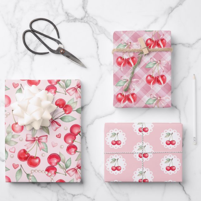 Cherry on Top Coquette Baby Shower Wrapping Paper  (Front)