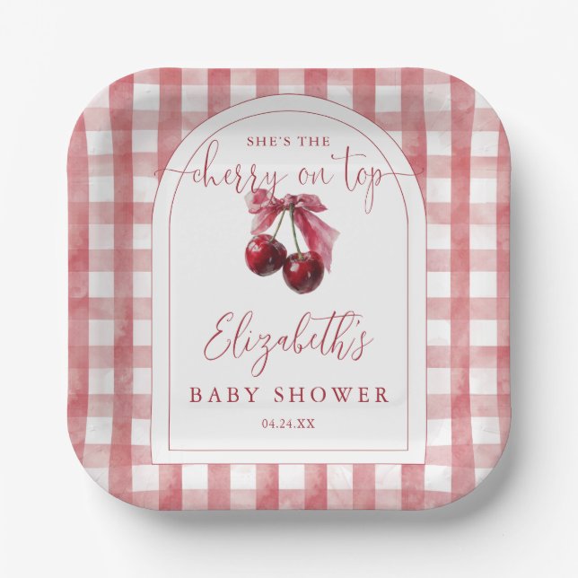 Cherry On Top Coquette Bow Baby Shower Paper Plate (Front)