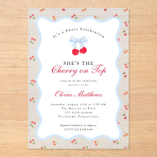 Cherry on Top Coquette Bow Gingham Baby Shower  Acrylic Invitations (Front)