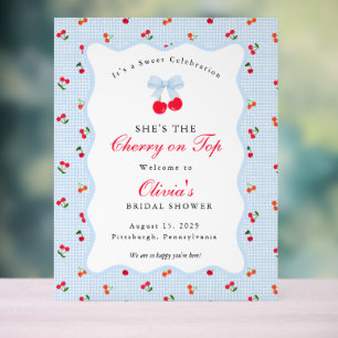 Cherry on Top Coquette Bow Gingham Baby Shower Acrylic Sign