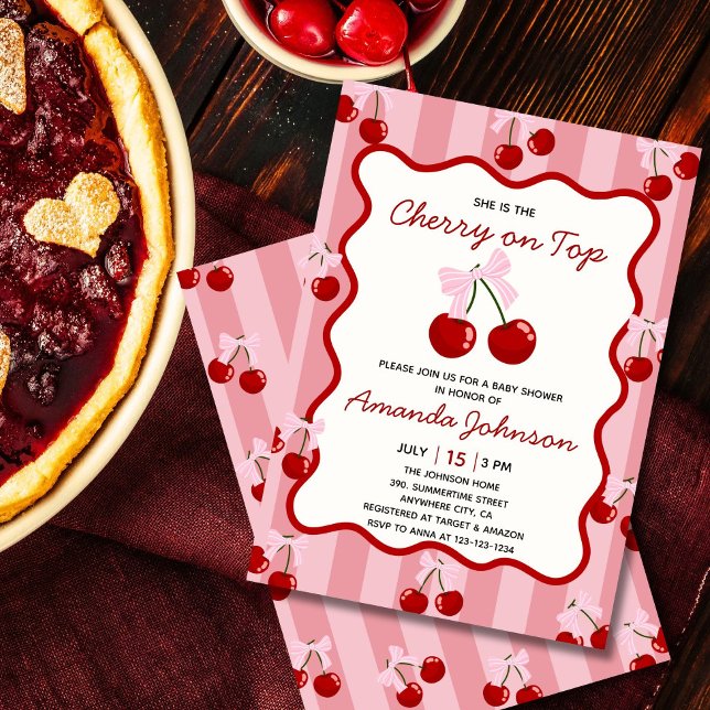 Cherry On Top Coquette Bow Pink Girl Baby Shower  Invitation (Blush pink cherry baby shower invitation with cute bow, whimsical and sweet design)