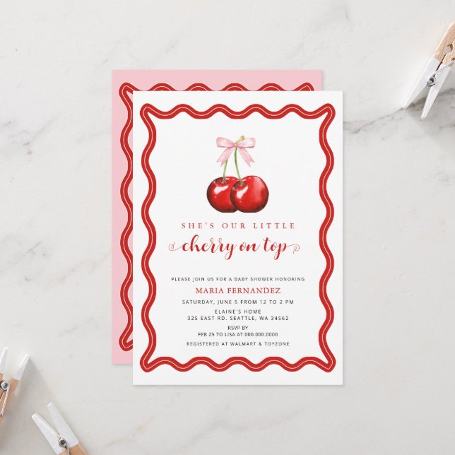 Cherry on Top Coquette Pink Bow Girl Baby Shower Invitation (Front/Back In Situ)