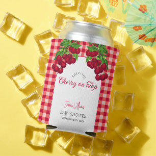 Cherry on top Fall Gingham Plaid Baby Shower  Can Cooler