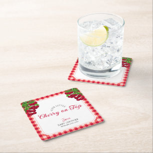 Cherry on top Fall Gingham Plaid Baby Shower  Square Paper Coaster