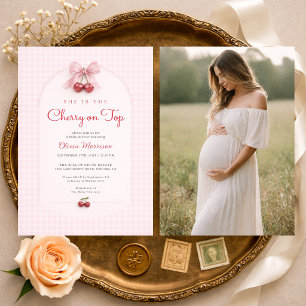 Cherry on Top Gingham Bow Photo Baby Shower Invitation