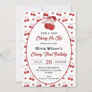 Cherry on Top Girl 1st Birthday with Photo Invitation