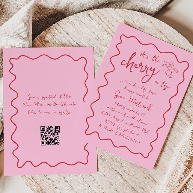 Cherry on Top Hand Drawn Red Pink Girl Baby Shower Invitation (Creator Uploaded)
