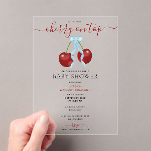 Cherry On Top Modern Baby Shower Blue Bow Boy Acrylic Invitations
