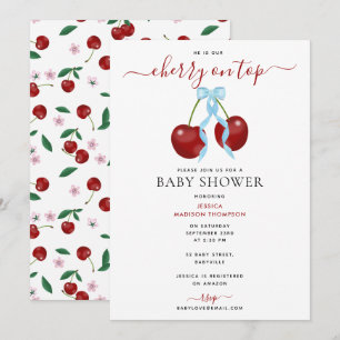 Cherry On Top Modern Baby Shower Blue Bow Boy Invitation
