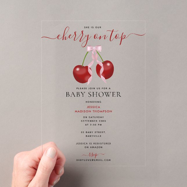 Cherry On Top Modern Baby Shower Pink Bow Girl Acrylic Invitations (Insitu (Handheld))