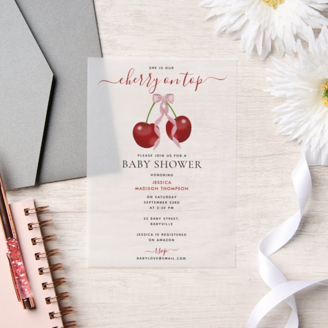 Cherry On Top Modern Baby Shower Pink Bow Girl Vellum Invitations (Wedding)