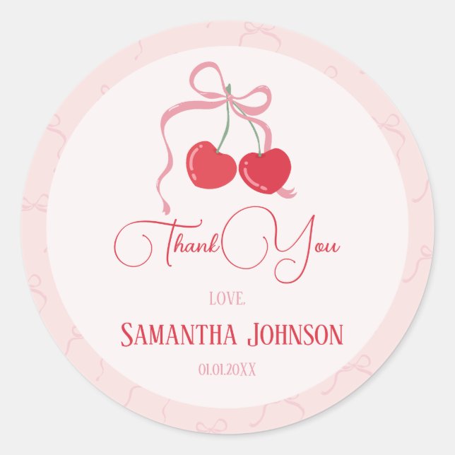 Cherry on Top Pink Bow Baby shower Classic Round Sticker (Front)