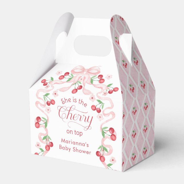 Cherry on Top pink Bow Baby shower Favor Box (Front Side)