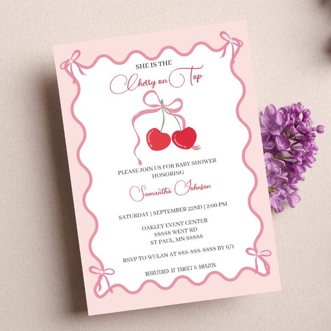 Cherry on Top Pink Bow Baby shower Invitation (Creator Uploaded)
