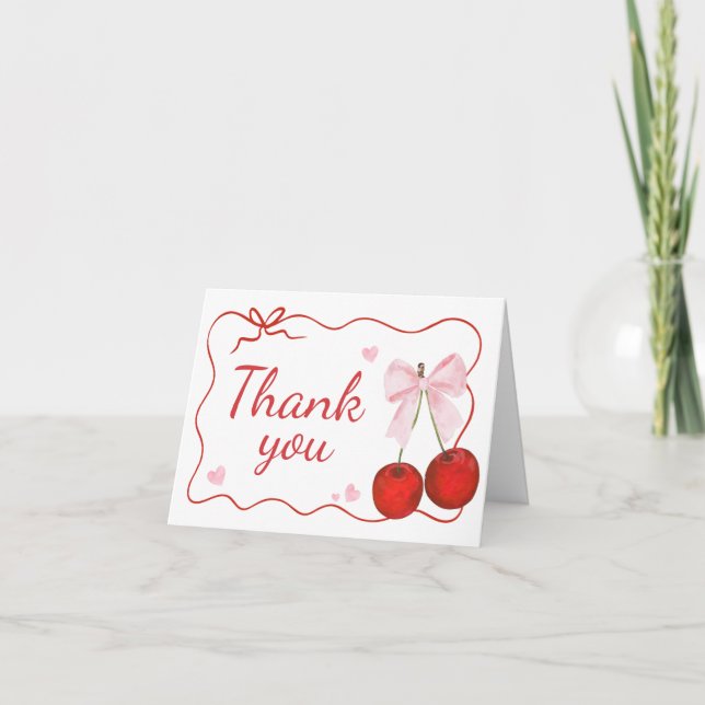 Cherry on Top Pink Bow Baby Shower Thank You Card (Front)