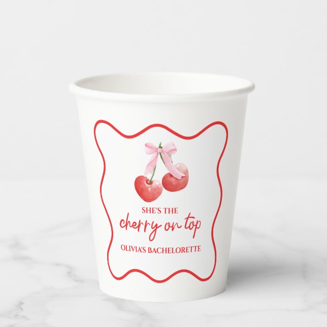 Cherry on Top Pink Bow Bachelorette Paper Cups (Front)