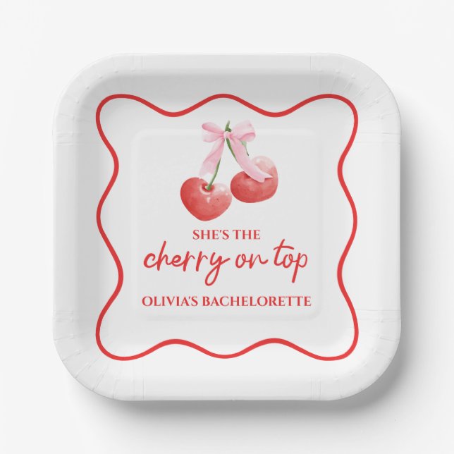 Cherry on Top Pink Bow Bachelorette Paper Plate (Front)
