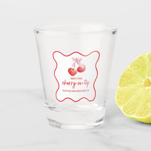 Cherry on Top Pink Bow Bachelorette Shot Glass (Front)