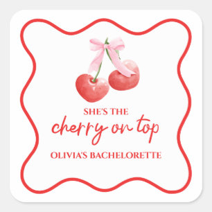 Cherry on Top Pink Bow Bachelorette Square Sticker