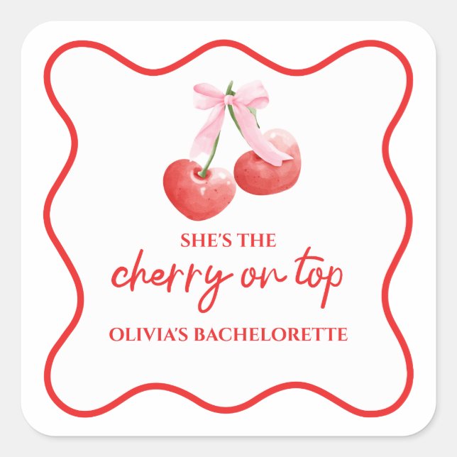 Cherry on Top Pink Bow Bachelorette Square Sticker (Front)